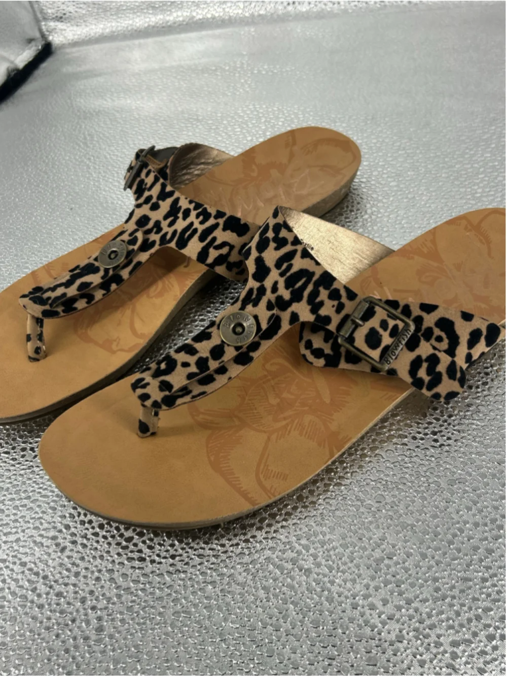 Women's Blowfish Tan Black Leopard Print Sandals Size 8.5
